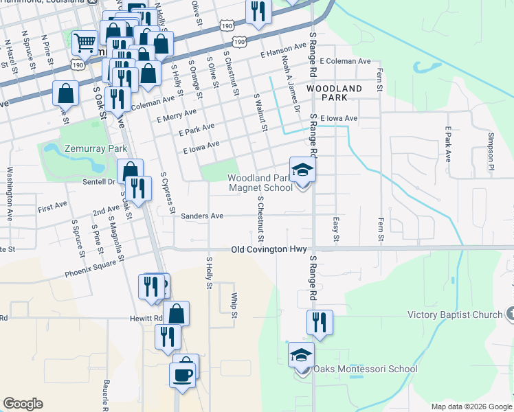map of restaurants, bars, coffee shops, grocery stores, and more near 1010 South Chestnut Street in Hammond
