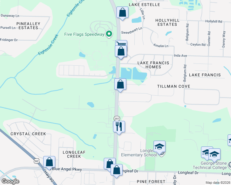 map of restaurants, bars, coffee shops, grocery stores, and more near 7085 Pine Forest Road in Pensacola