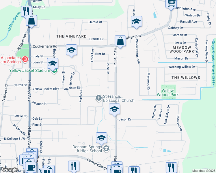 map of restaurants, bars, coffee shops, grocery stores, and more near 925 Bruce Drive in Denham Springs