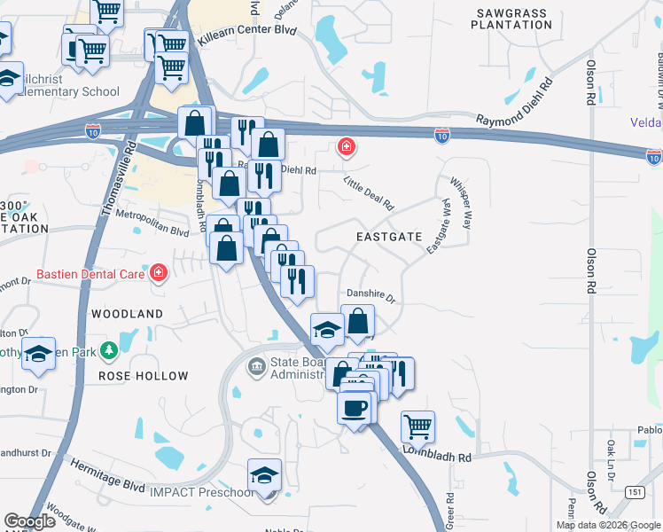 map of restaurants, bars, coffee shops, grocery stores, and more near 2718 Raintree Circle in Tallahassee
