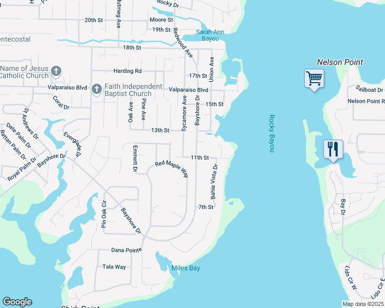 map of restaurants, bars, coffee shops, grocery stores, and more near 2102 Bayshore Drive in Niceville