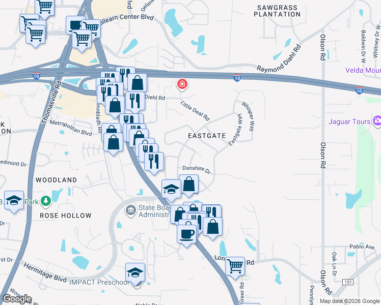 map of restaurants, bars, coffee shops, grocery stores, and more near 2107 Lytham Lane in Tallahassee