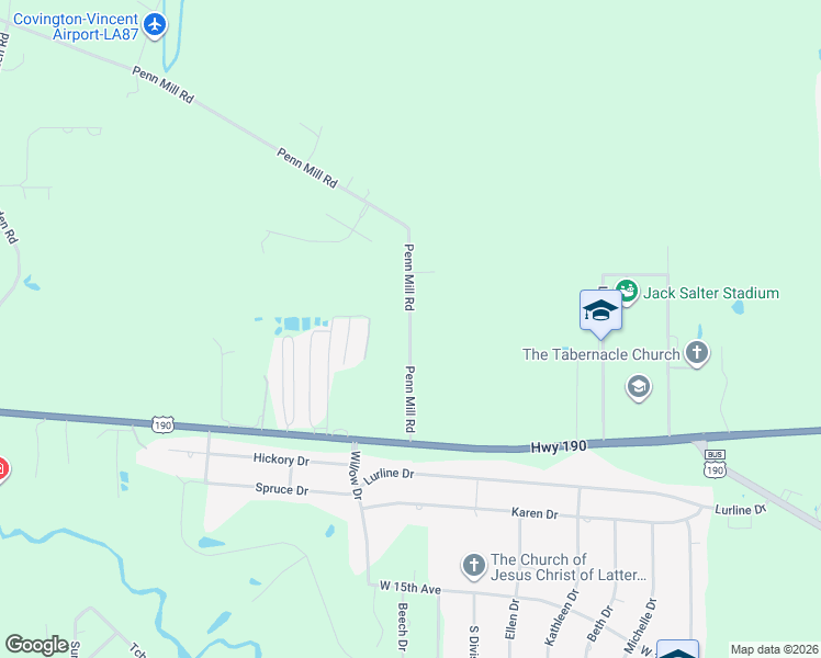map of restaurants, bars, coffee shops, grocery stores, and more near 73126 Penn Mill Road in Covington
