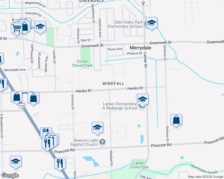 map of restaurants, bars, coffee shops, grocery stores, and more near 7655 Hanks Drive in Baton Rouge