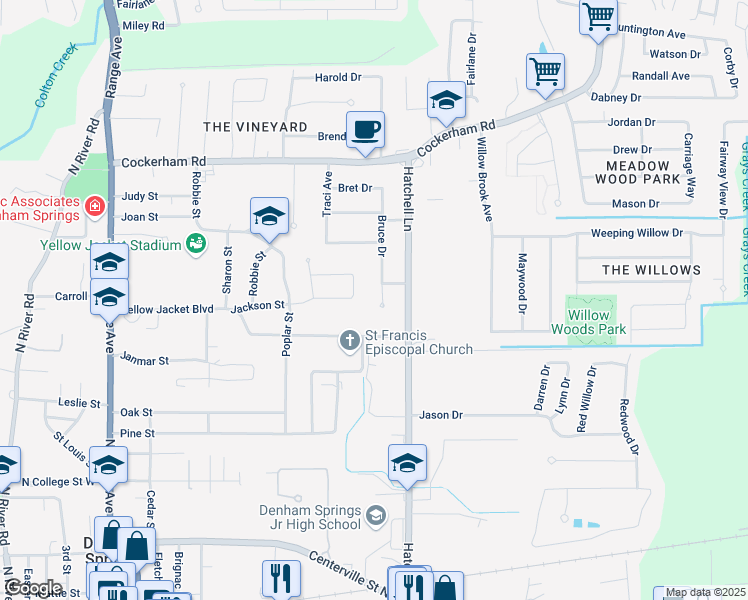 map of restaurants, bars, coffee shops, grocery stores, and more near 925 Bruce Drive in Denham Springs