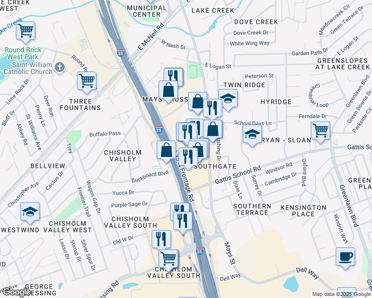 map of restaurants, bars, coffee shops, grocery stores, and more near 1401 South Interstate 35 Frontage Road in Round Rock