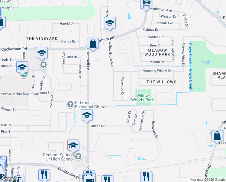 map of restaurants, bars, coffee shops, grocery stores, and more near 951 Willow Brook Avenue in Denham Springs