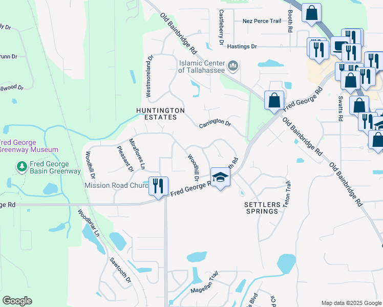 map of restaurants, bars, coffee shops, grocery stores, and more near 3688 Woodhill Drive in Tallahassee