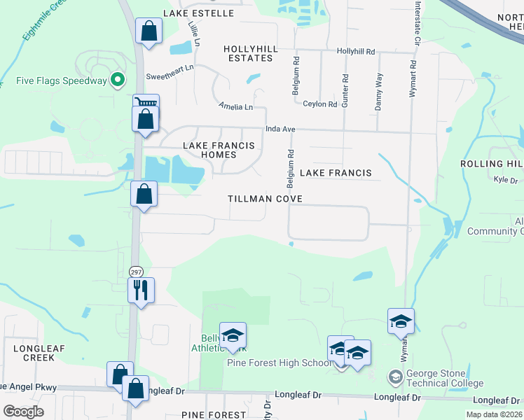 map of restaurants, bars, coffee shops, grocery stores, and more near 1784 Tillman Lane in Pensacola
