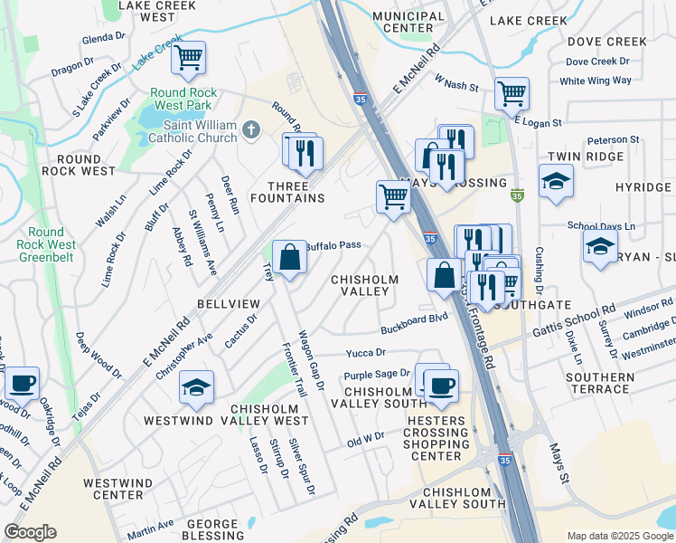 map of restaurants, bars, coffee shops, grocery stores, and more near 511 Buckskin Drive in Round Rock