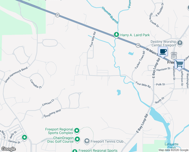 map of restaurants, bars, coffee shops, grocery stores, and more near 522 Four Mile Road in Freeport