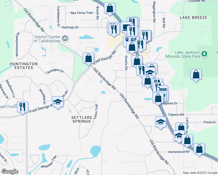 map of restaurants, bars, coffee shops, grocery stores, and more near 3400 Old Bainbridge Road in Tallahassee