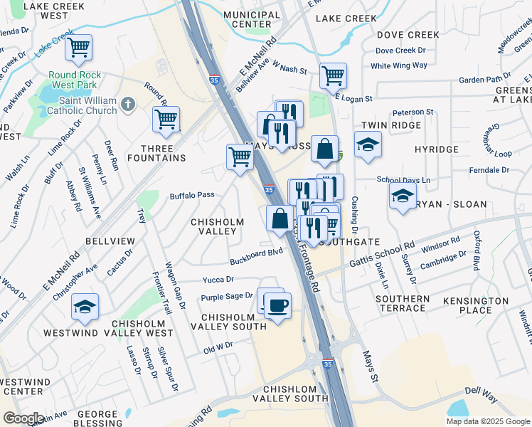 map of restaurants, bars, coffee shops, grocery stores, and more near 1730 South Interstate 35 in Round Rock