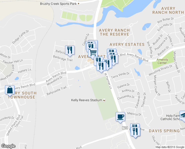 map of restaurants, bars, coffee shops, grocery stores, and more near 14815 Avery Ranch Boulevard in Austin