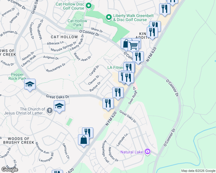 map of restaurants, bars, coffee shops, grocery stores, and more near 16100 Great Oaks Drive in Round Rock