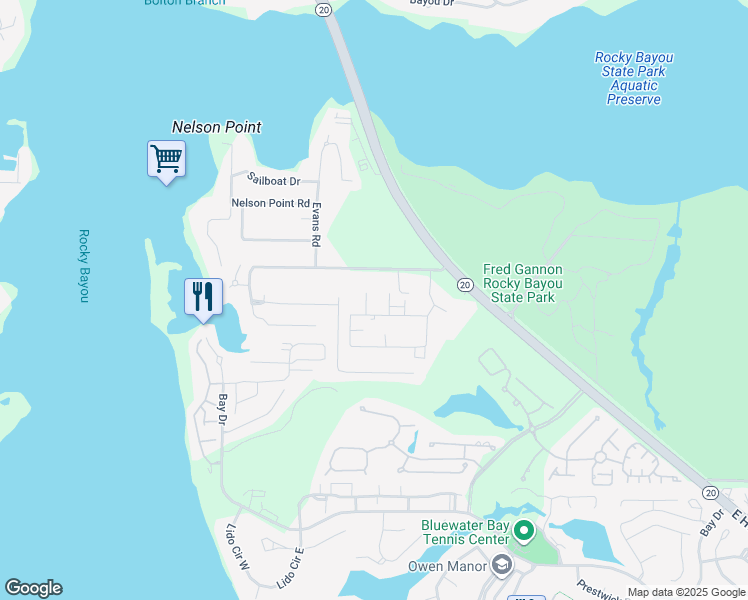 map of restaurants, bars, coffee shops, grocery stores, and more near 1691 Glenburn Court in Niceville
