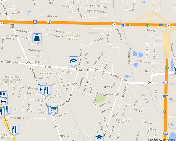 map of restaurants, bars, coffee shops, grocery stores, and more near 6005 Songbird Drive in Pensacola