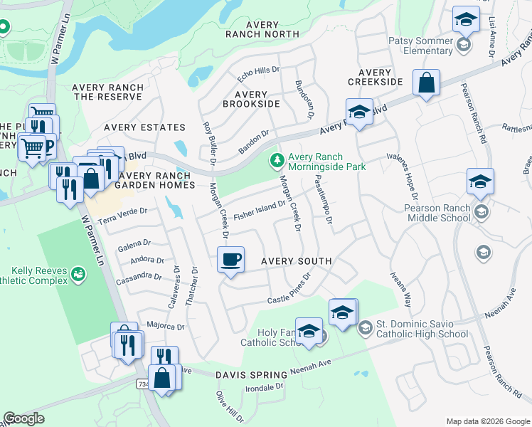 map of restaurants, bars, coffee shops, grocery stores, and more near 15501 Fisher Island Drive in Austin