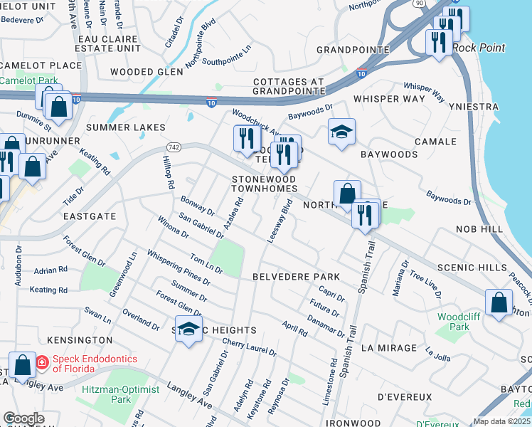 map of restaurants, bars, coffee shops, grocery stores, and more near 6150 Arbutus Drive in Pensacola