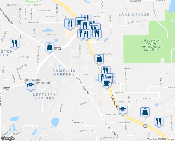 map of restaurants, bars, coffee shops, grocery stores, and more near 2005 Casa Linda Court in Tallahassee
