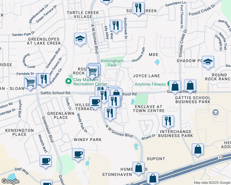 map of restaurants, bars, coffee shops, grocery stores, and more near Gattis School Rd & Southcreek Dr in Round Rock