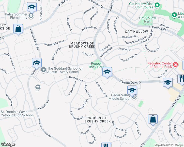 map of restaurants, bars, coffee shops, grocery stores, and more near 15811 Chatham Wood Drive in Austin