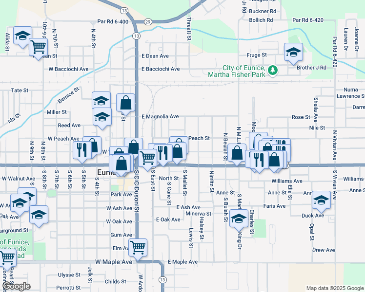 map of restaurants, bars, coffee shops, grocery stores, and more near 200-298 North Mallet Street in Eunice
