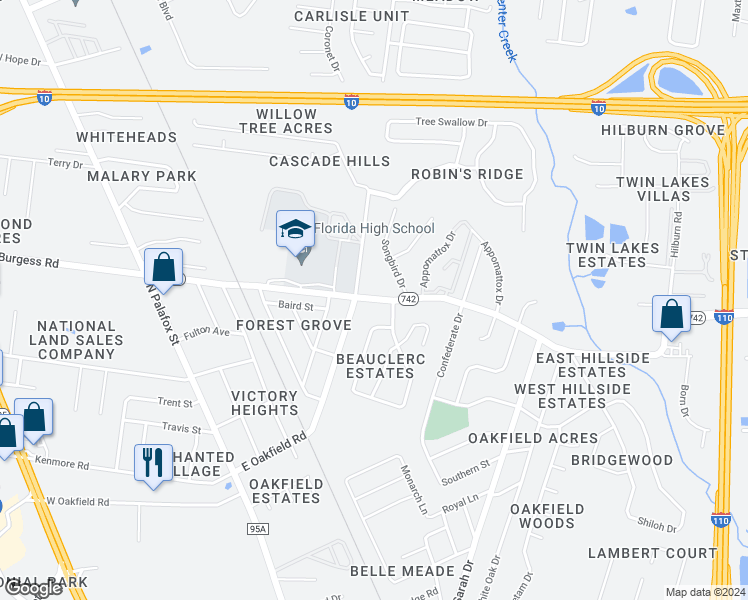 map of restaurants, bars, coffee shops, grocery stores, and more near 180 East Burgess Road in Pensacola