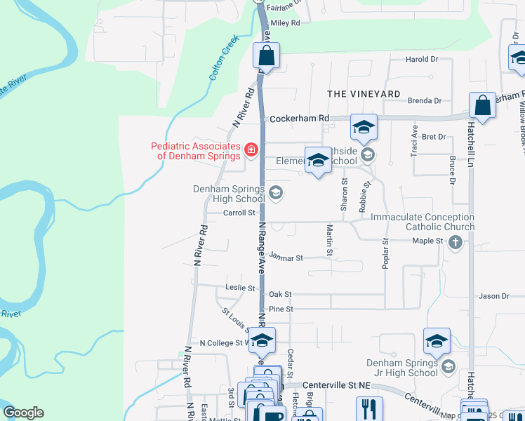 map of restaurants, bars, coffee shops, grocery stores, and more near 1000 North Range Avenue in Denham Springs