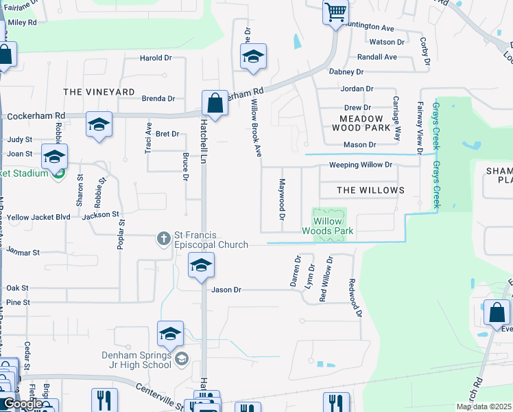 map of restaurants, bars, coffee shops, grocery stores, and more near 951 Willow Brook Avenue in Denham Springs