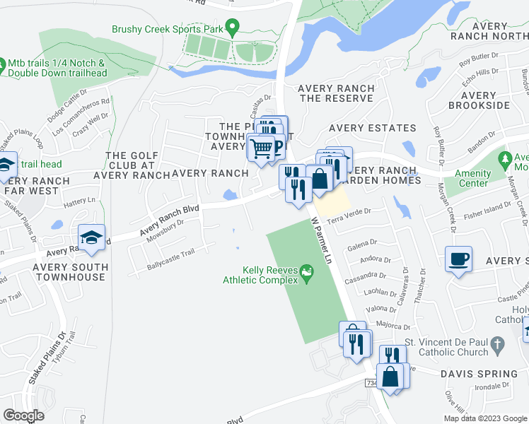 map of restaurants, bars, coffee shops, grocery stores, and more near 14815 Avery Ranch Boulevard in Austin