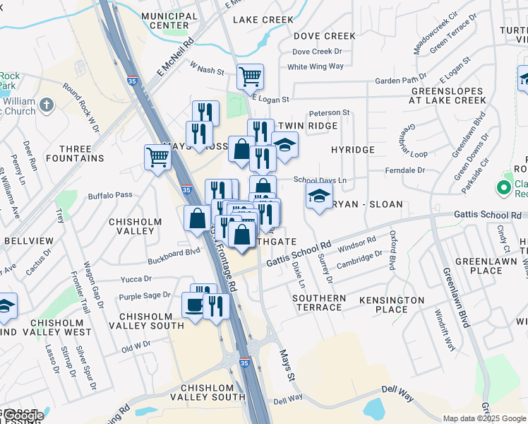 map of restaurants, bars, coffee shops, grocery stores, and more near 1305 South Mays Street in Round Rock