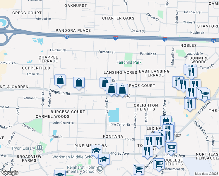 map of restaurants, bars, coffee shops, grocery stores, and more near 1917 Lansing Drive in Pensacola