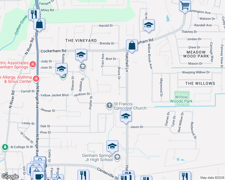 map of restaurants, bars, coffee shops, grocery stores, and more near 925 Bruce Drive in Denham Springs