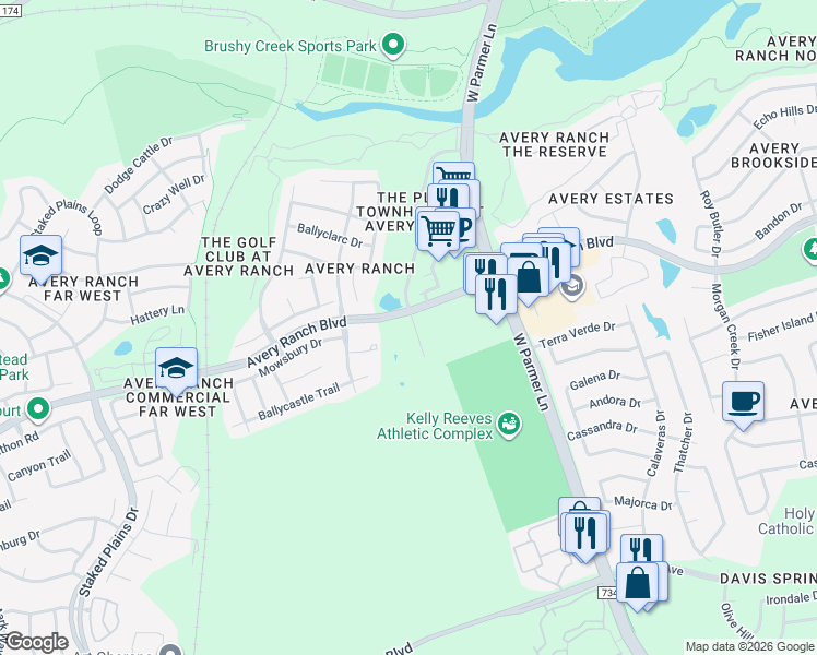 map of restaurants, bars, coffee shops, grocery stores, and more near 10640 Royal Tara Cove in Austin