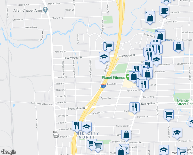 map of restaurants, bars, coffee shops, grocery stores, and more near 2774 Lorraine Street in Baton Rouge