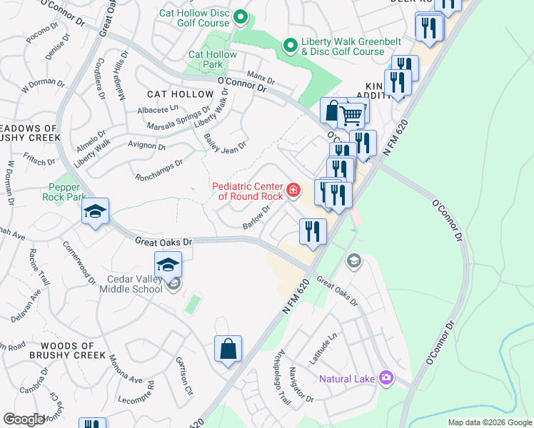 map of restaurants, bars, coffee shops, grocery stores, and more near 4027 Barlow Drive in Round Rock