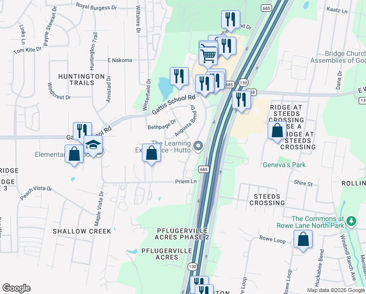 map of restaurants, bars, coffee shops, grocery stores, and more near 1201 White Moss Drive in Hutto