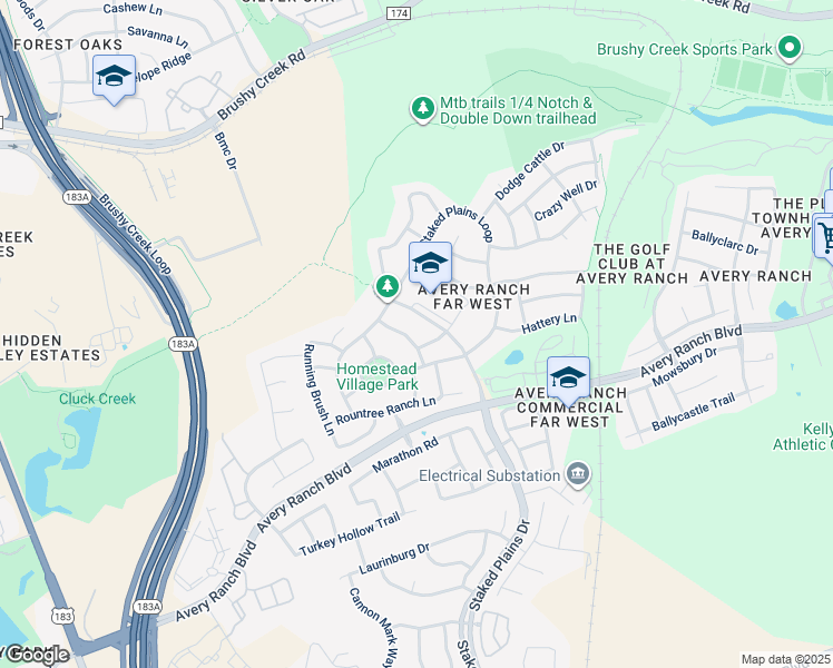 map of restaurants, bars, coffee shops, grocery stores, and more near 11521 McDows Hole Lane in Austin
