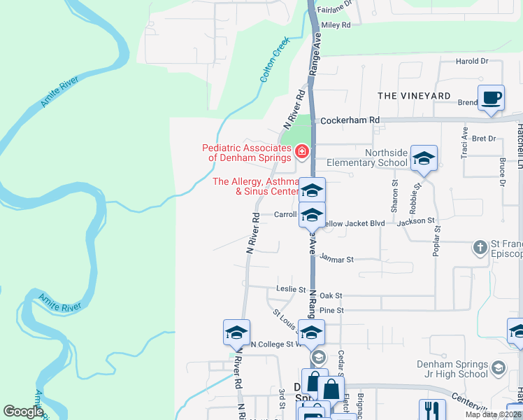 map of restaurants, bars, coffee shops, grocery stores, and more near 1004 North River Road in Denham Springs