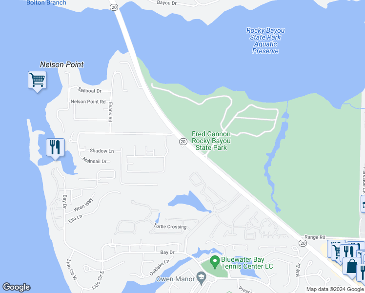 map of restaurants, bars, coffee shops, grocery stores, and more near 4275 Calinda Lane in Niceville