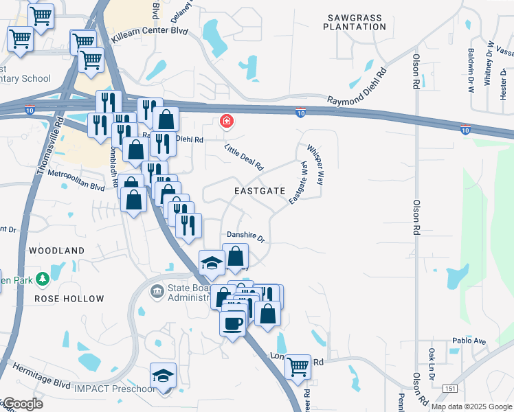 map of restaurants, bars, coffee shops, grocery stores, and more near 2217 Branbury Lane in Tallahassee
