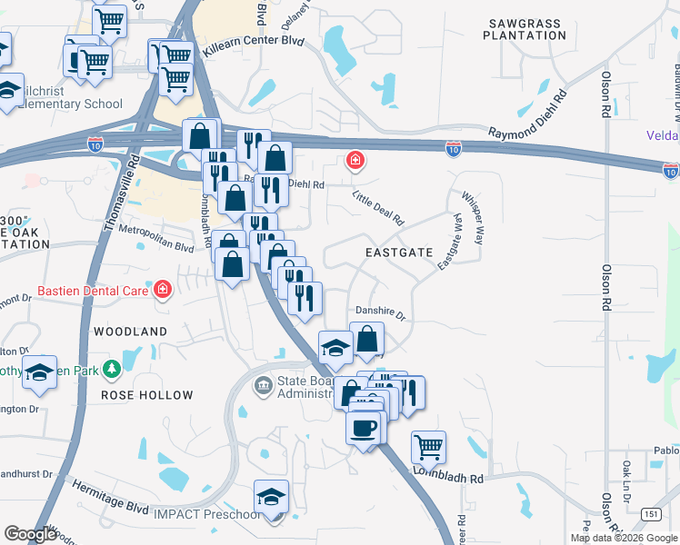 map of restaurants, bars, coffee shops, grocery stores, and more near 2718 Raintree Circle in Tallahassee
