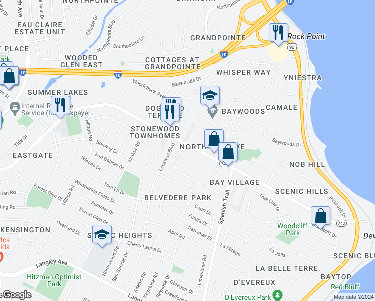 map of restaurants, bars, coffee shops, grocery stores, and more near 4029 Creighton Rd in Pensacola