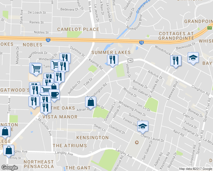 map of restaurants, bars, coffee shops, grocery stores, and more near 3525 Wellington Road in Pensacola