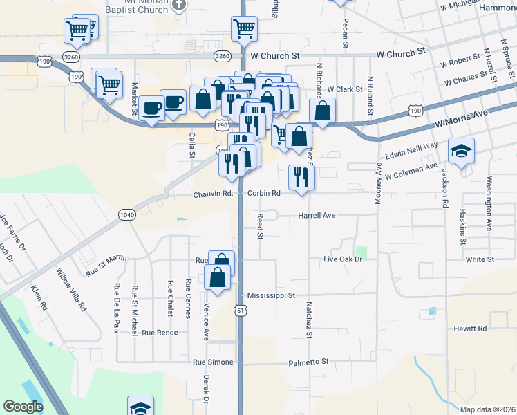 map of restaurants, bars, coffee shops, grocery stores, and more near 112 Reed Street in Hammond