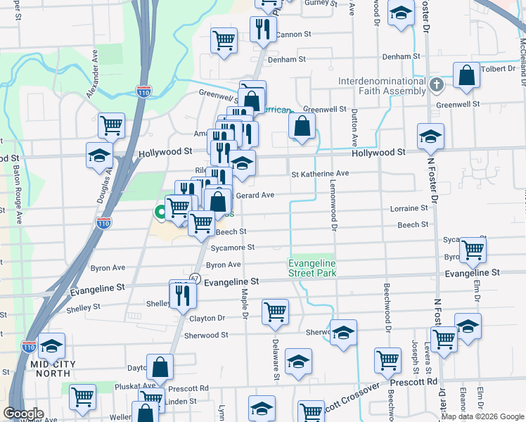 map of restaurants, bars, coffee shops, grocery stores, and more near 3737 Lorraine Street in Baton Rouge
