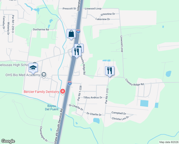 map of restaurants, bars, coffee shops, grocery stores, and more near Country Ridge Road in Opelousas