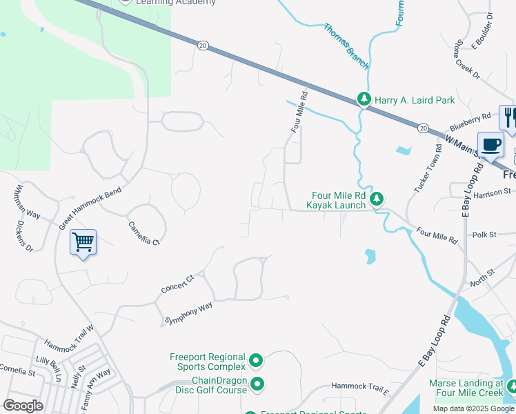 map of restaurants, bars, coffee shops, grocery stores, and more near 197 Caswell Branch Road in Freeport