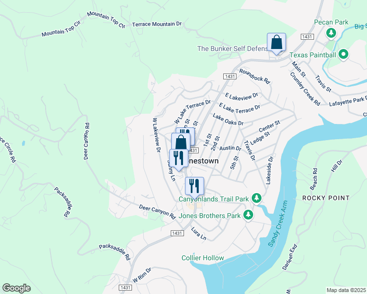 map of restaurants, bars, coffee shops, grocery stores, and more near 11000 Oak Street in Jonestown